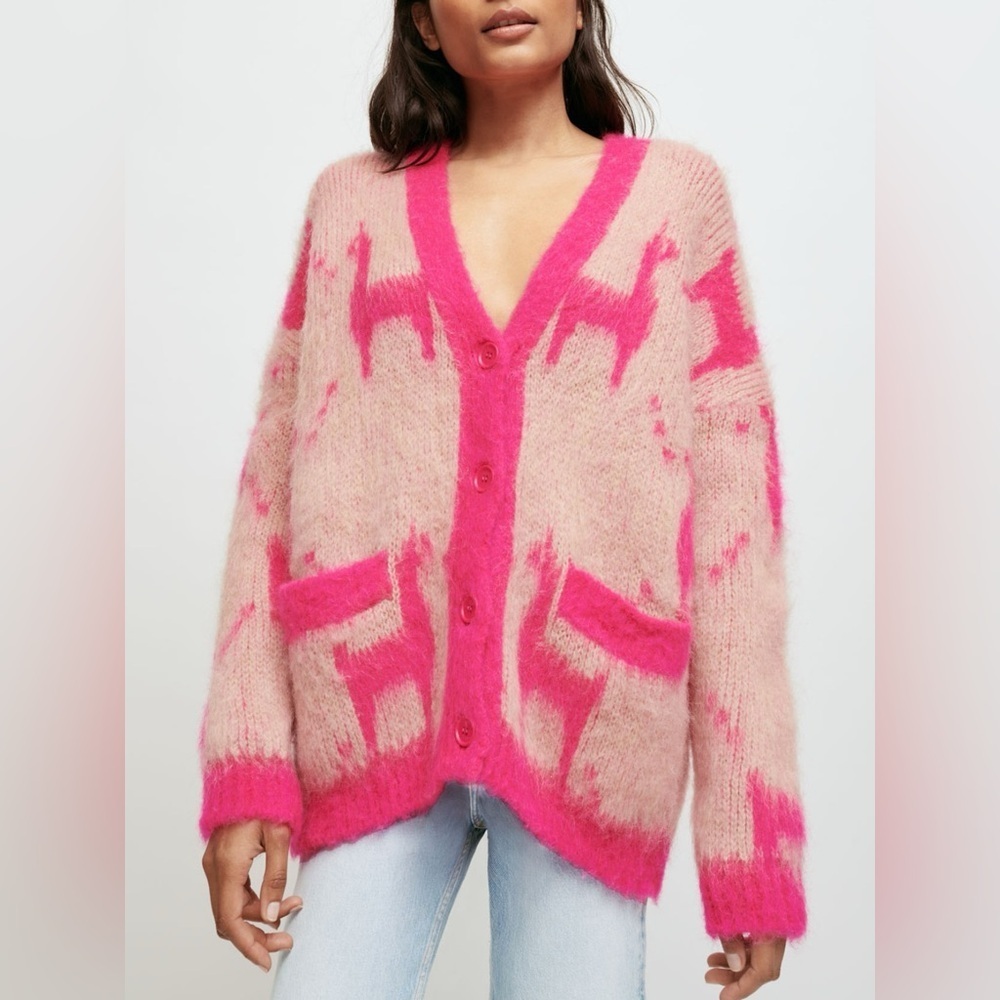 RARE Maje Oversized Mohair Llama Cardigan Pink NWT Luxe Statement Knit Size 1 S
